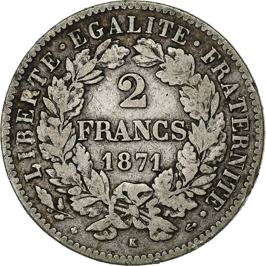 Monnaie, France, Cérès, 2 Francs, 1871,Bordeaux,TB+,Argent,KM 817.2, Gadoury:530