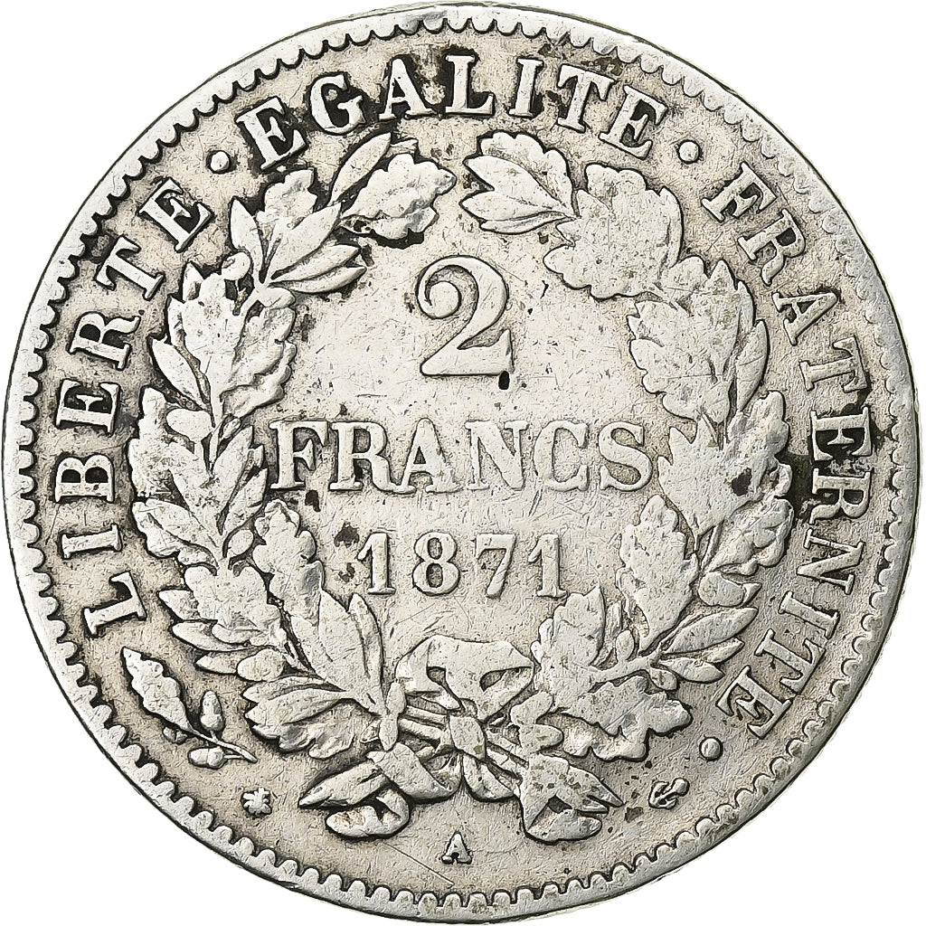 Moneta, Francja, Cérès, 2 Francs, 1871, Paris, VF(20-25), Srebro, KM:817.1