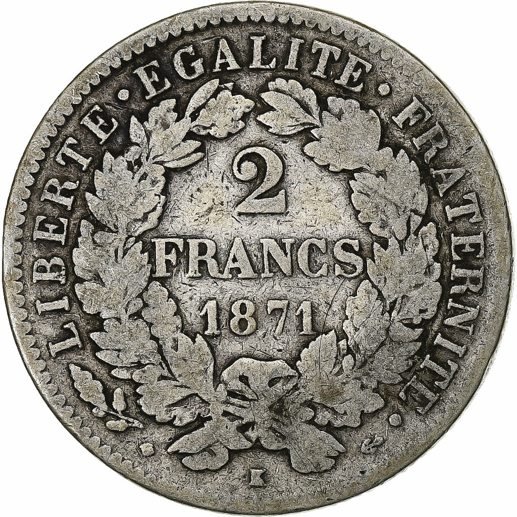Münze, Frankreich, Cérès, 2 Francs, 1871, Bordeaux, S, Silber, KM:816.2
