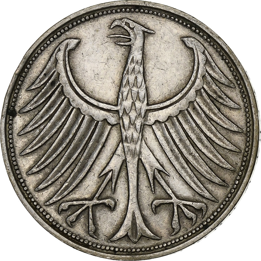 GERMANY - FEDERAL REPUBLIC, 5 Mark, 1965, Stuttgart, Silver, EF(40-45), KM:112.1