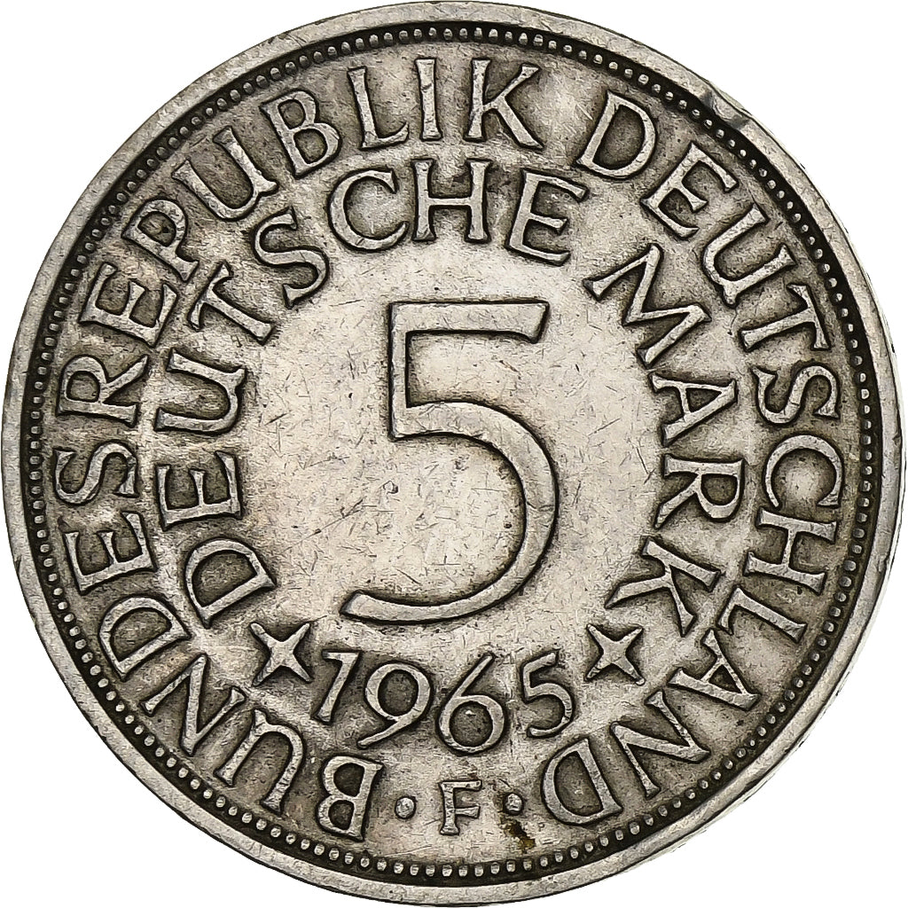 GERMANY - FEDERAL REPUBLIC, 5 Mark, 1965, Stuttgart, Silver, EF(40-45), KM:112.1