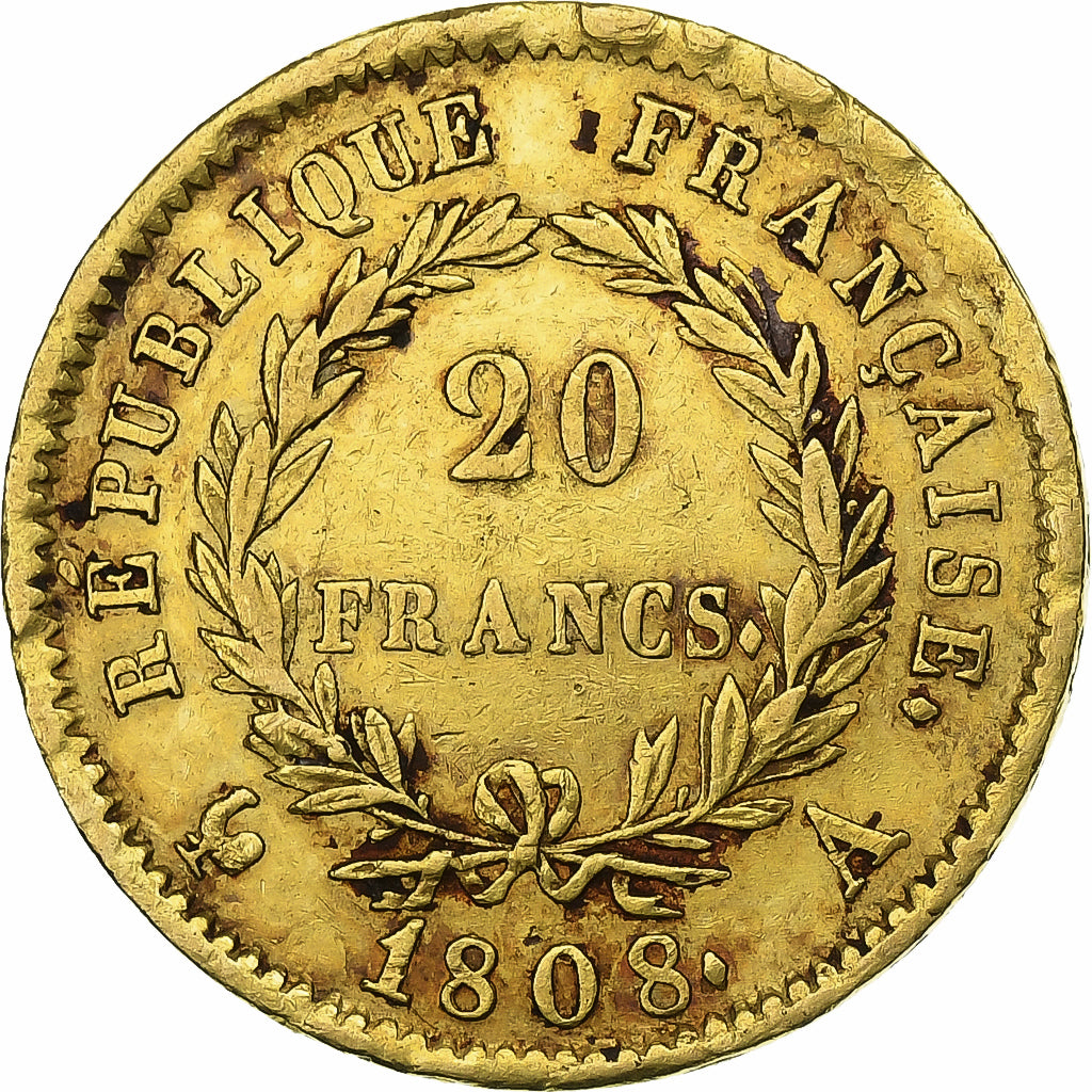 France, Napoléon I, 20 Francs, 1808, Paris, AU(50-53), Gold,KM:687.1,Gadoury1024