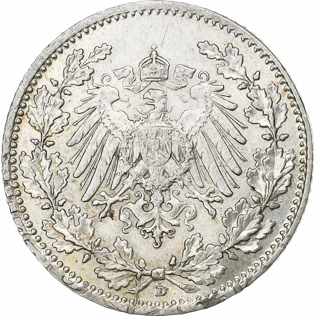 GERMANY - EMPIRE, 1/2 Mark, 1916, Munich, Silver, AU(50-53), KM:17
