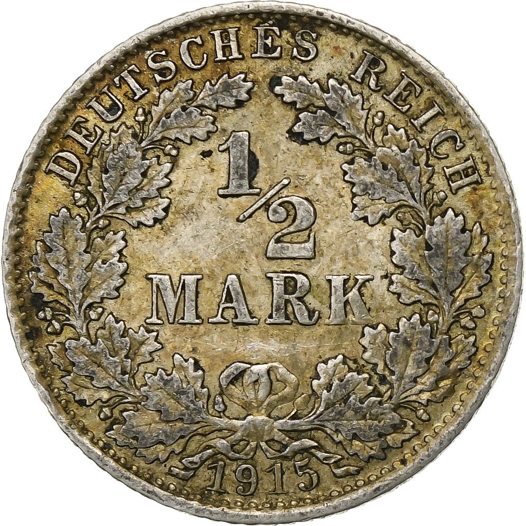 Moeda, ALEMANHA - IMPÉRIO, 1/2 Mark, 1915, Munich, MS(63), Prata, KM:17