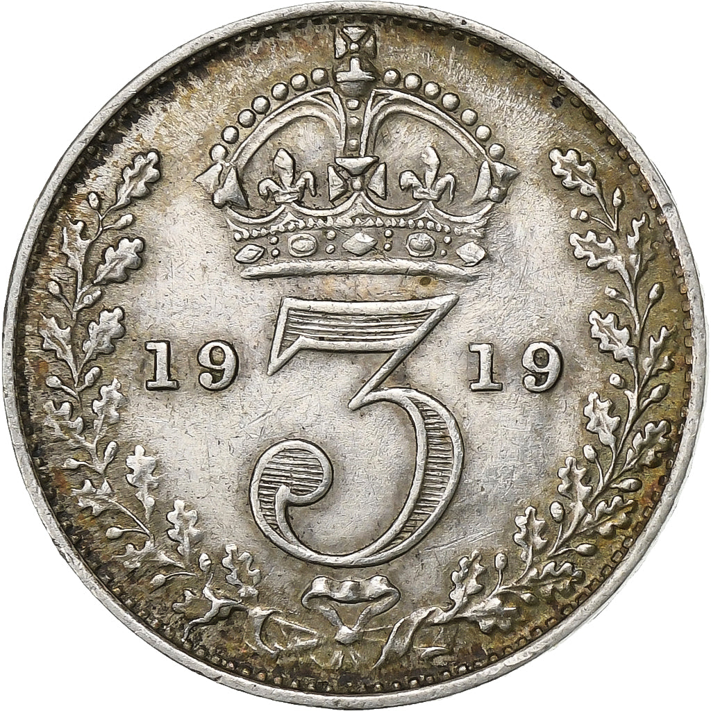 Gran Bretaña, George V, 3 Pence, 1919, MBC+, Plata, KM:813