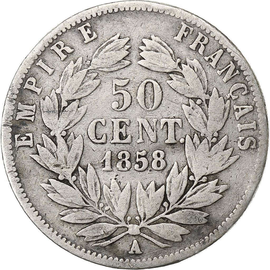 FRANCE, 50 Centimes, 1858, Paris, VF(30-35), Silver, Gadoury #414, 2.07