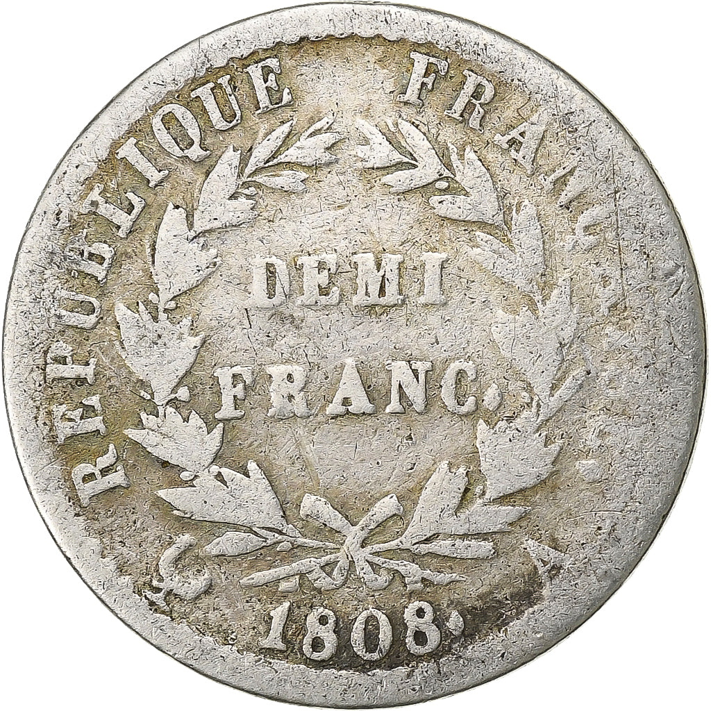 Francia, Napoleon I, Demi Franc, 1808, Paris, Argento, MB, Gadoury:398