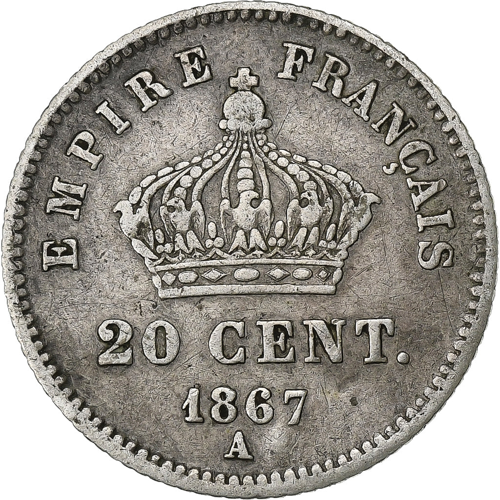 France,Napoleon III,20 Centimes,1867,Paris,VF(30-35),Silver,KM 808.1,Gadoury 309