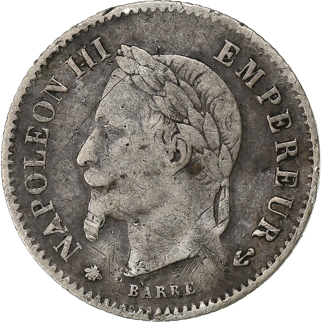France,Napoleon III,20 Centimes,1867,Paris,VF(30-35),Silver,KM 808.1,Gadoury 309