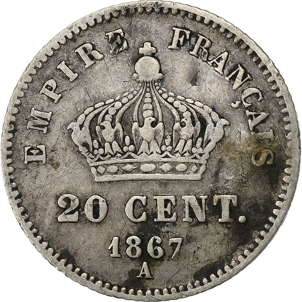 France,Napoleon III,20 Centimes,1867,Paris,VF(30-35),Silver,KM 808.1,Gadoury 309