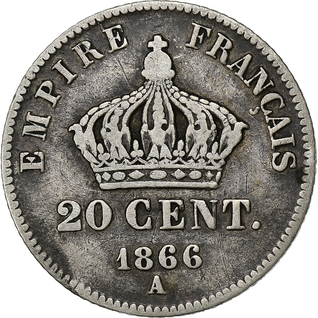 Francja, Napoleon III, 20 Centimes, Napoléon III, 1866, Paris, Srebro