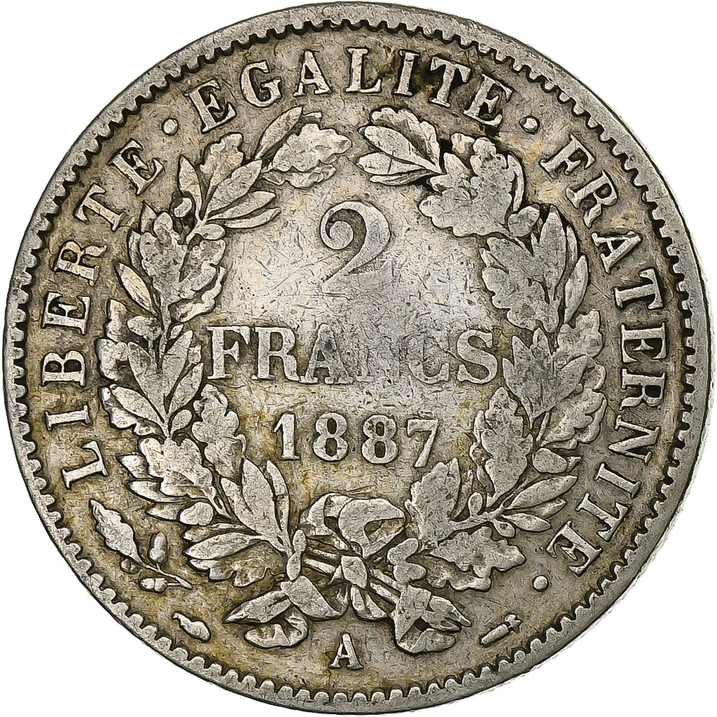 Moeda, França, Cérès, 2 Francs, 1887, Paris, VF(30-35), Prata, KM:817.1