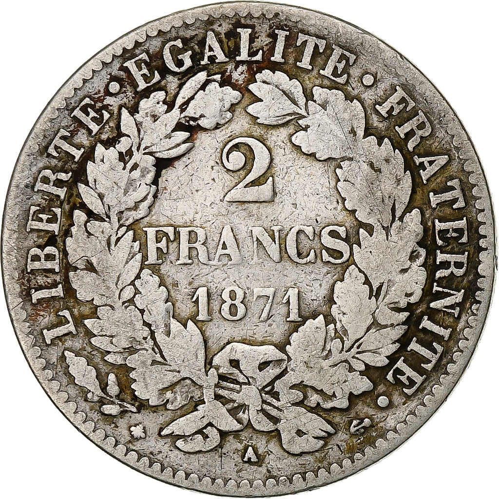 Münze, Frankreich, Cérès, 2 Francs, 1871, Paris, S+, Silber, KM:817.1