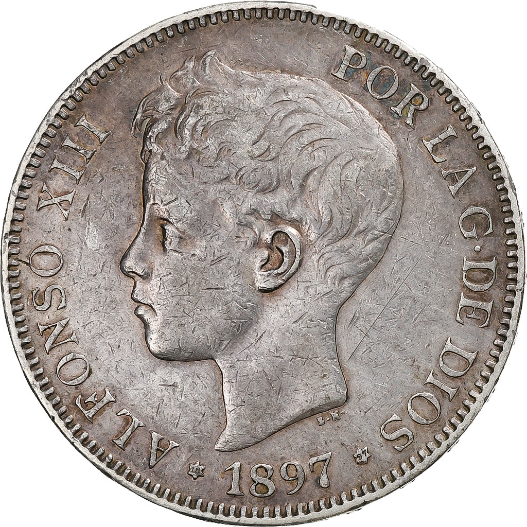 Moneda, España, Alfonso XIII, 5 Pesetas, 1897, Valencia, EBC, Plata, KM:707