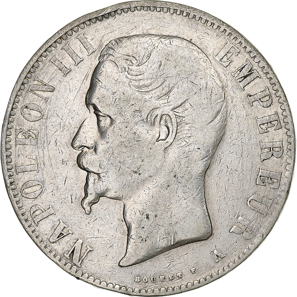 Moneta, Francia, 5 Francs, 1855, Paris, MB+, Argento, KM:782.1, Gadoury:734