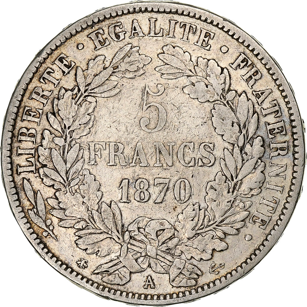 France, Cérès, 5 Francs, 1870, Paris, VF(30-35), Silver, KM:818.1, Gadoury:742