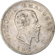 Coin, Italy, Vittorio Emanuele II, Lira, 1863, Milan, VF(30-35), Silver, KM:5a.1