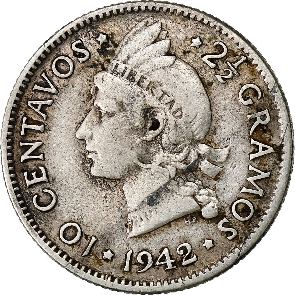 Dominican Republic, 10 Centavos, 1942, Silber, SS+, KM:19
