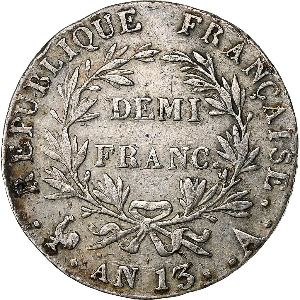 Francia, Demi Franc, Napoléon I, An 13 (1805), Paris, Plata, BC+, Gadoury:395