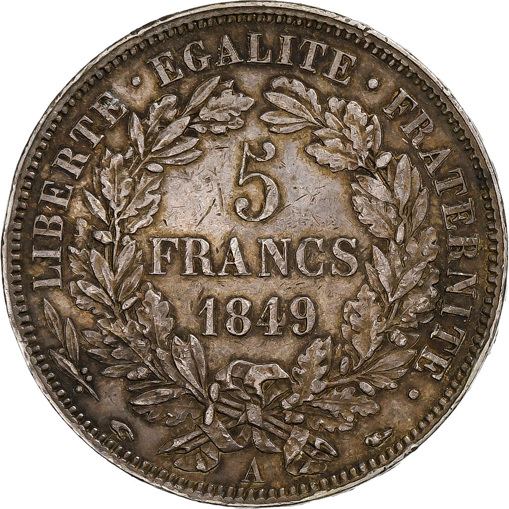 Munten, Frankrijk, Cérès, 5 Francs, 1849, Paris, main-chien, ZF+, Zilver