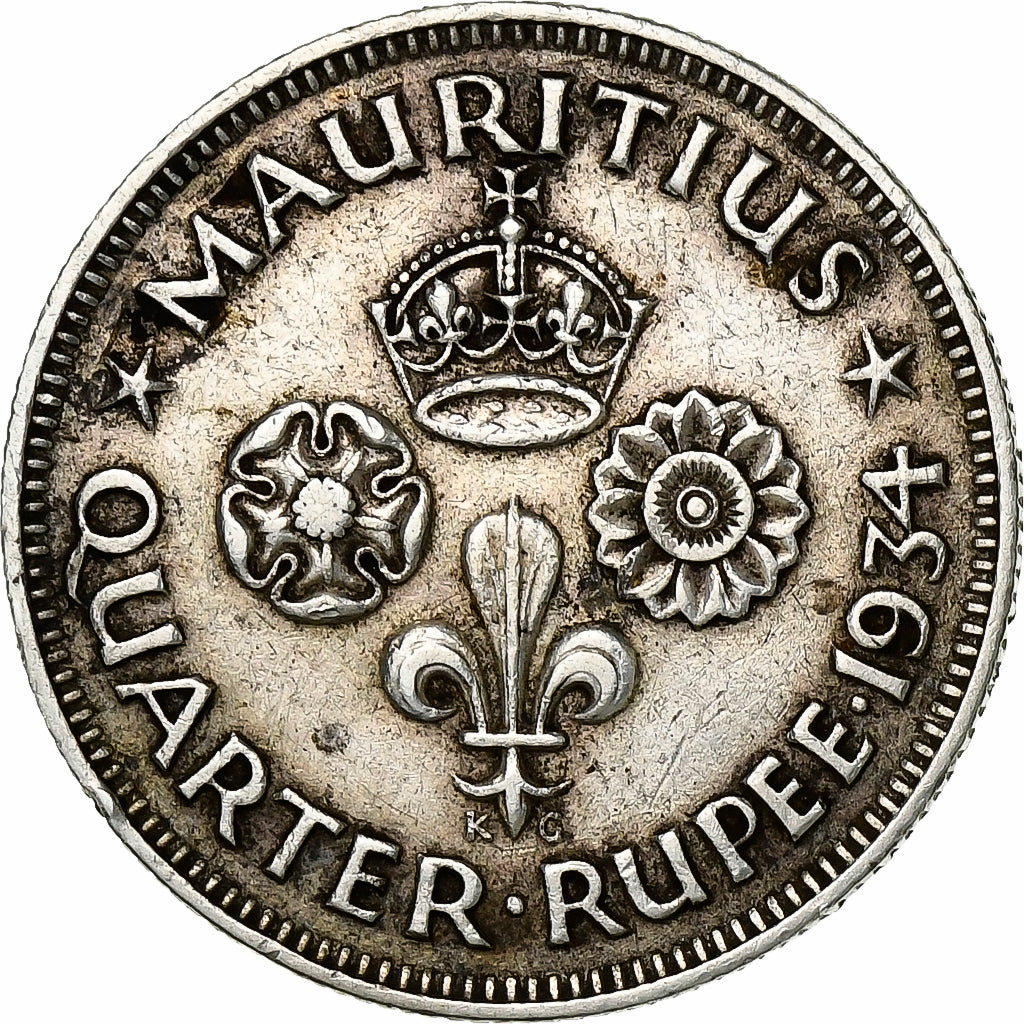 Coin, Mauritius, George V, 1/4 Rupee, 1934, AU(50-53), Silver, KM:15
