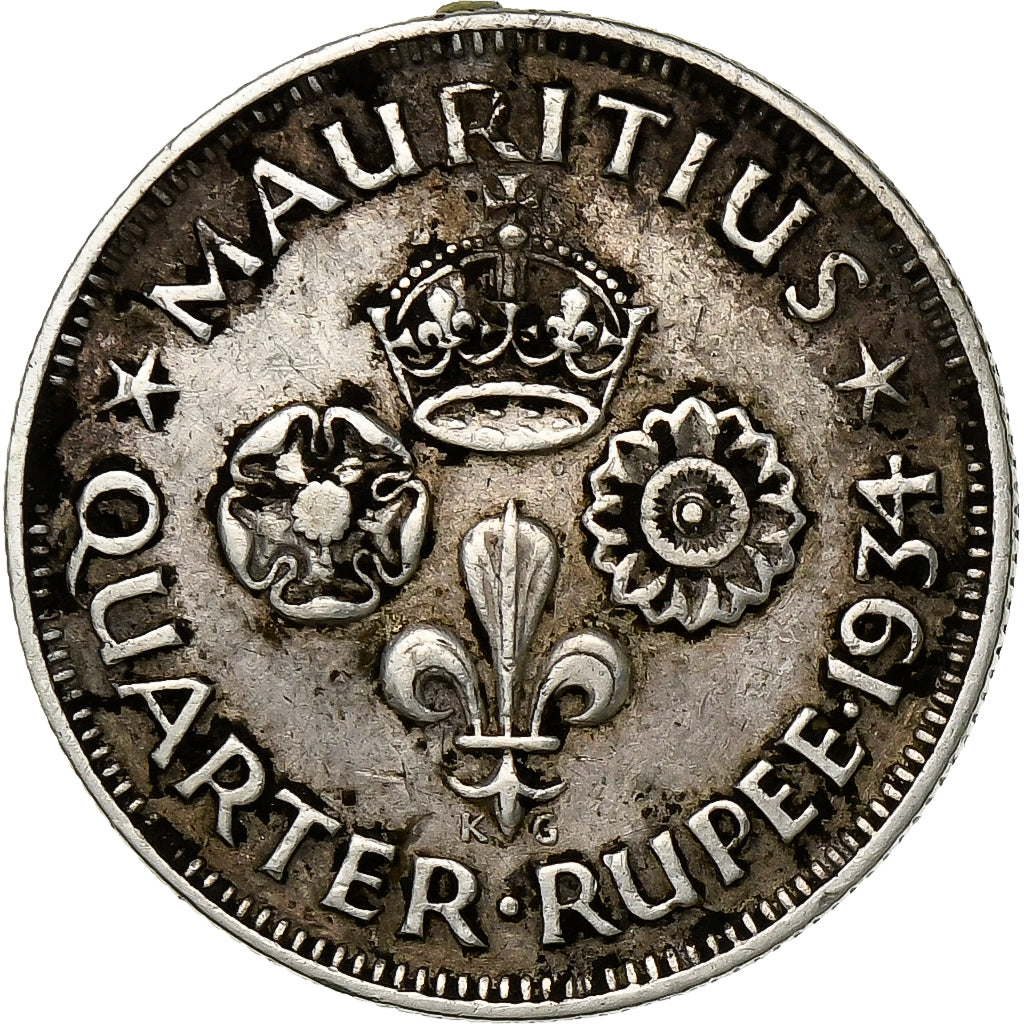 Coin, Mauritius, George V, 1/4 Rupee, 1934, AU(50-53), Silver, KM:15