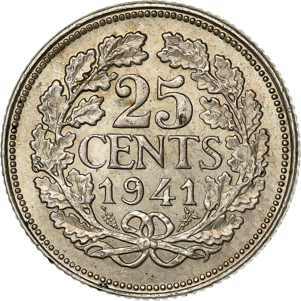 Niederlande, Wilhelmina I, 25 Cents, 1941, SS, Silber, KM:164