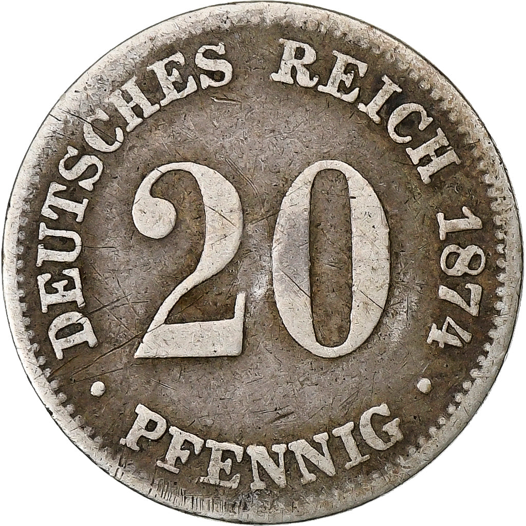 GERMANIA - IMPERO, Wilhelm I, 20 Pfennig, 1874, Frankfurt, Argento, MB, KM:5