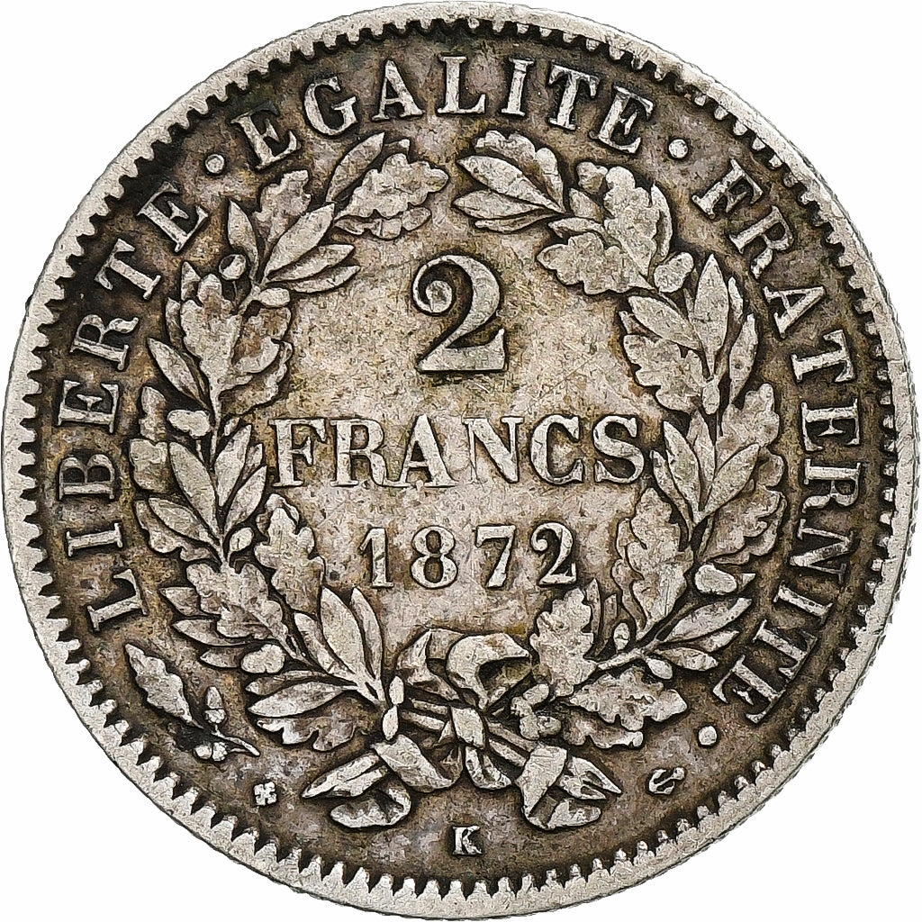 France, Cérès, 2 Francs, 1872, Bordeaux, EF(40-45), Silver, KM:817.2,Gadoury 530