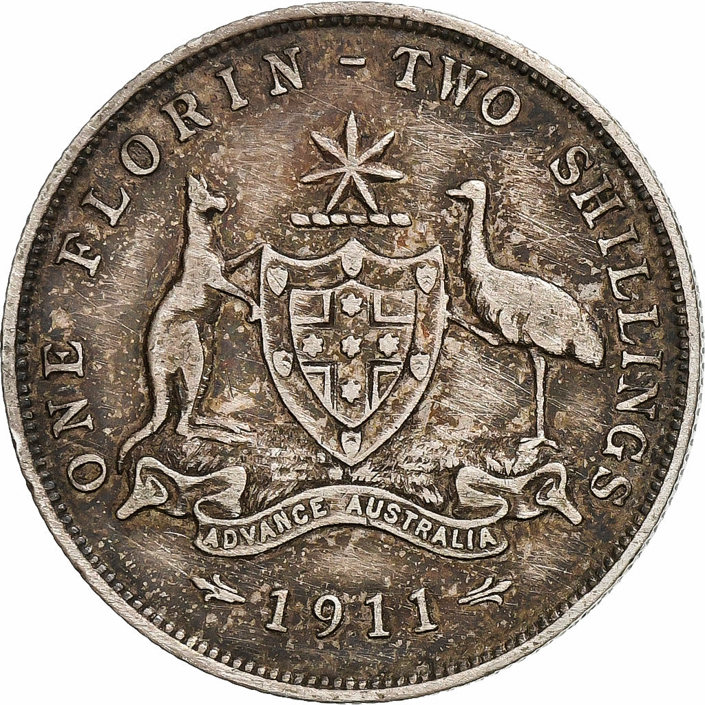 Australia, George V, Florin, 1911, Melbourne, Silver, EF(40-45), KM:27