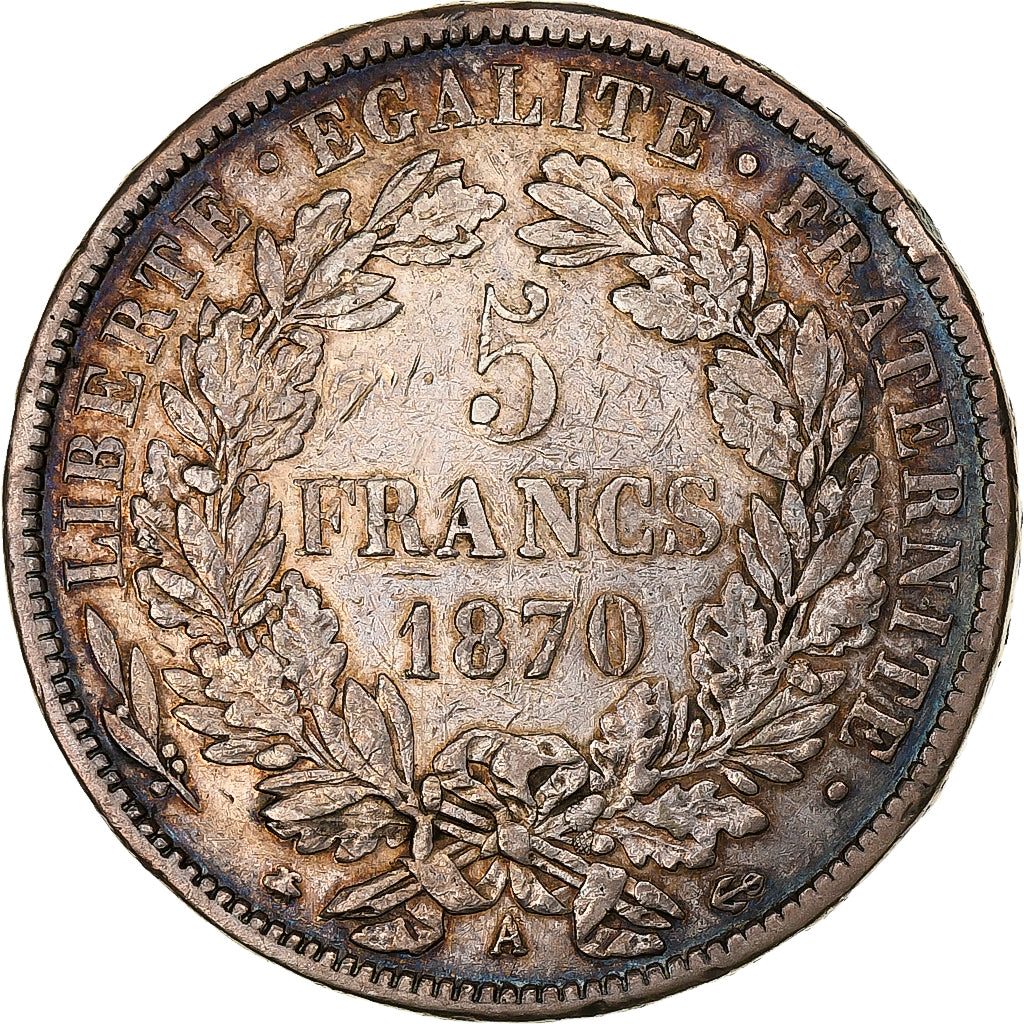 Francia, Cérès, 5 Francs, 1870, Paris, MB+, Argento, KM:818.1, Gadoury:742