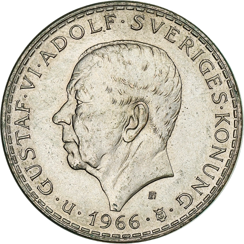 Moneda, Suecia, Gustaf VI, 5 Kronor, 1966, BC+, Plata, KM:839
