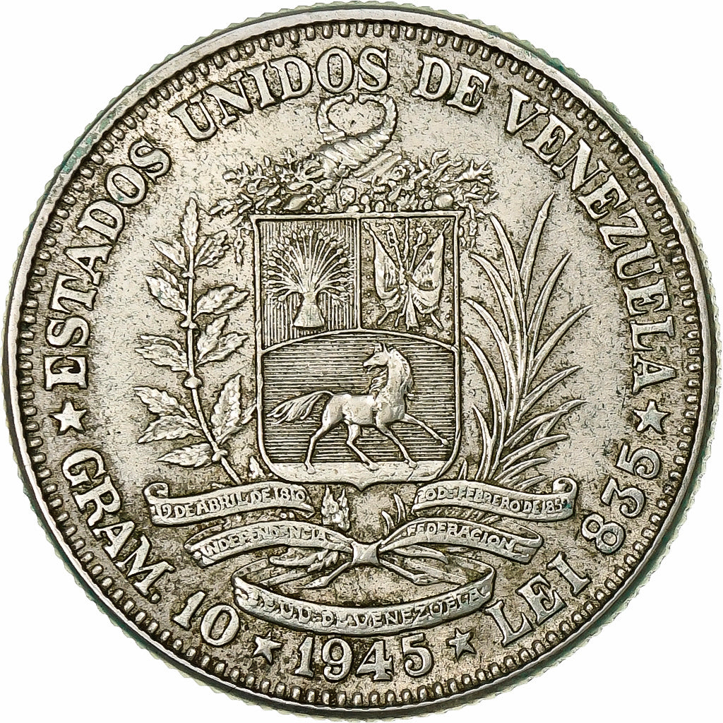 Monnaie, Venezuela, Gram 10, 2 Bolivares, 1945, Philadelphie, TTB+, Argent