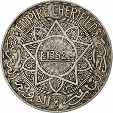 Morocco, Mohammed V, 5 Francs, AH 1352/1933, Paris, Silver, AU(50-53)