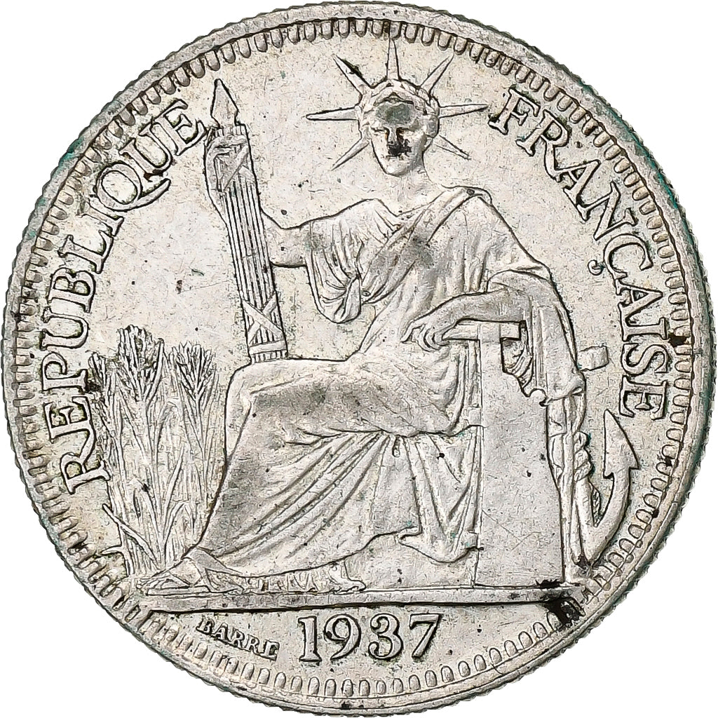 FRENCH INDO-CHINA, 10 Cents, 1937, Paris, KM #16.2, AU(55-58), Silver, Lecompte.