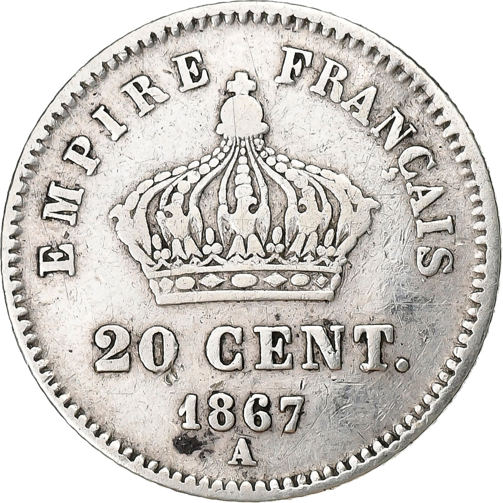 France,Napoleon III,20 Centimes,1867,Paris,VF(30-35),Silver,KM 808.1,Gadoury 309