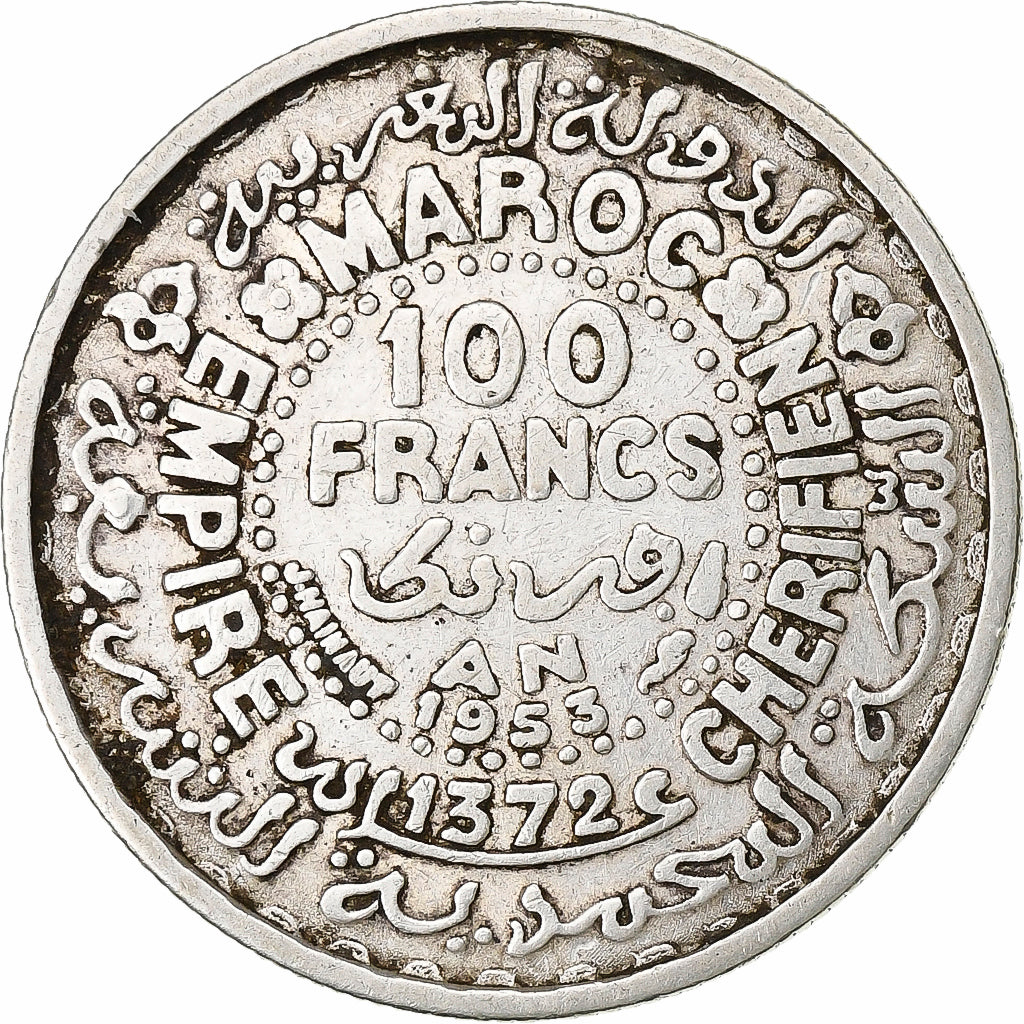 Marocco, Mohammed V, 100 Francs, 1953, Paris, Argento, MB+, KM:52