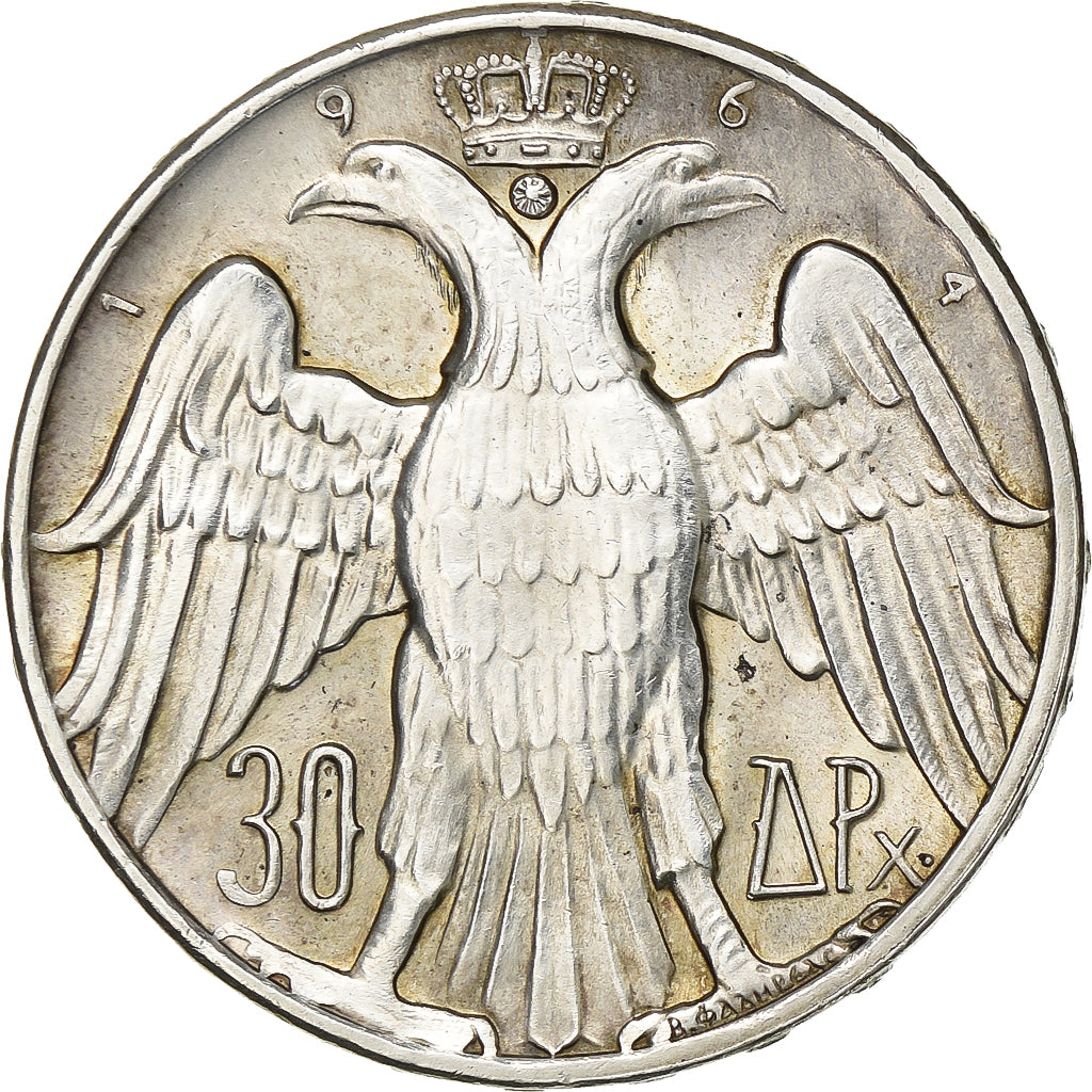 Grécia, Constantine II, 30 Drachmai, 1964, Prata, AU(55-58), KM:87
