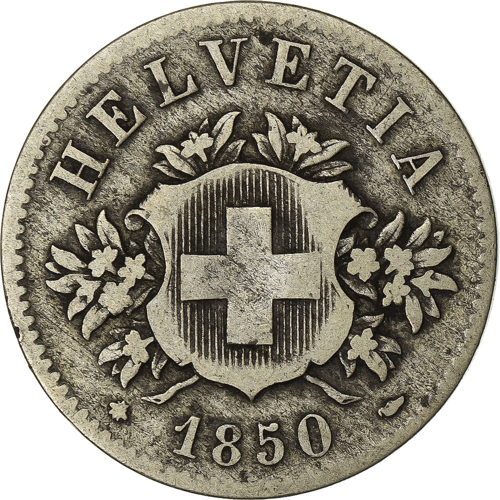 Switzerland, 20 Rappen, 1850, Strasbourg, Billon, AU(50-53), KM:7