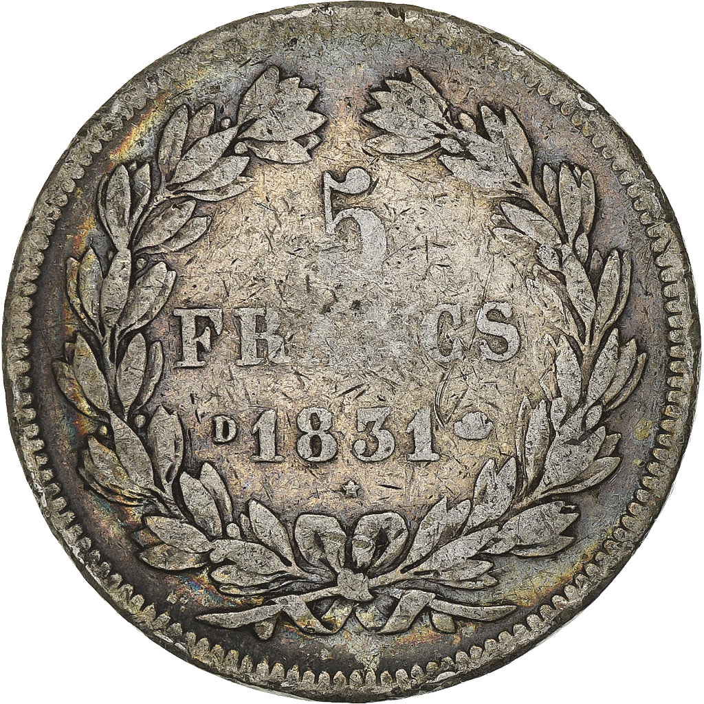 Moneda, Francia, Louis-Philippe, 5 Francs, 1831, Lyon, BC+, Plata, KM:735.4