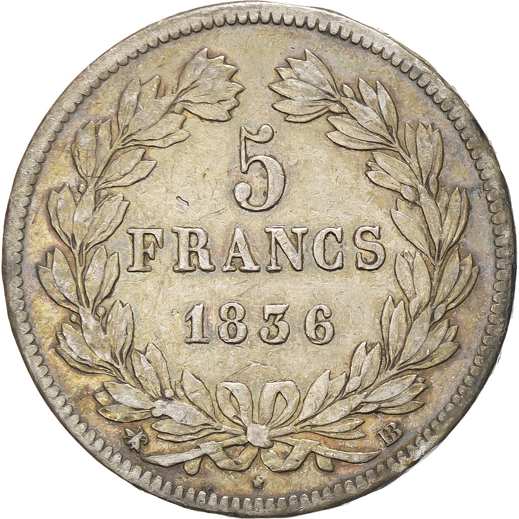 Moneda, Francia, Louis-Philippe, 5 Francs, 1836, Strasbourg, BC+, Plata