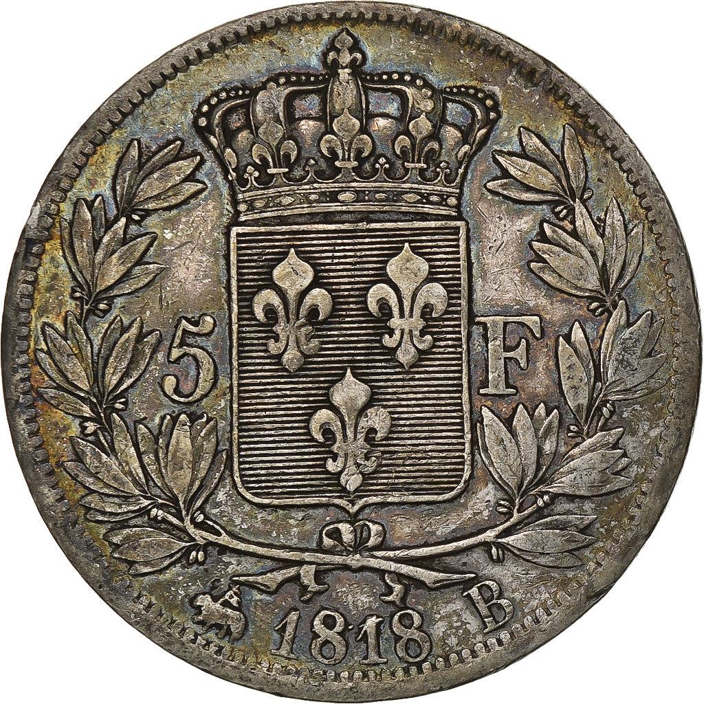 Frankreich, Louis XVIII, 5 Francs, 1818, Rouen, Silber, S+, Gadoury:614