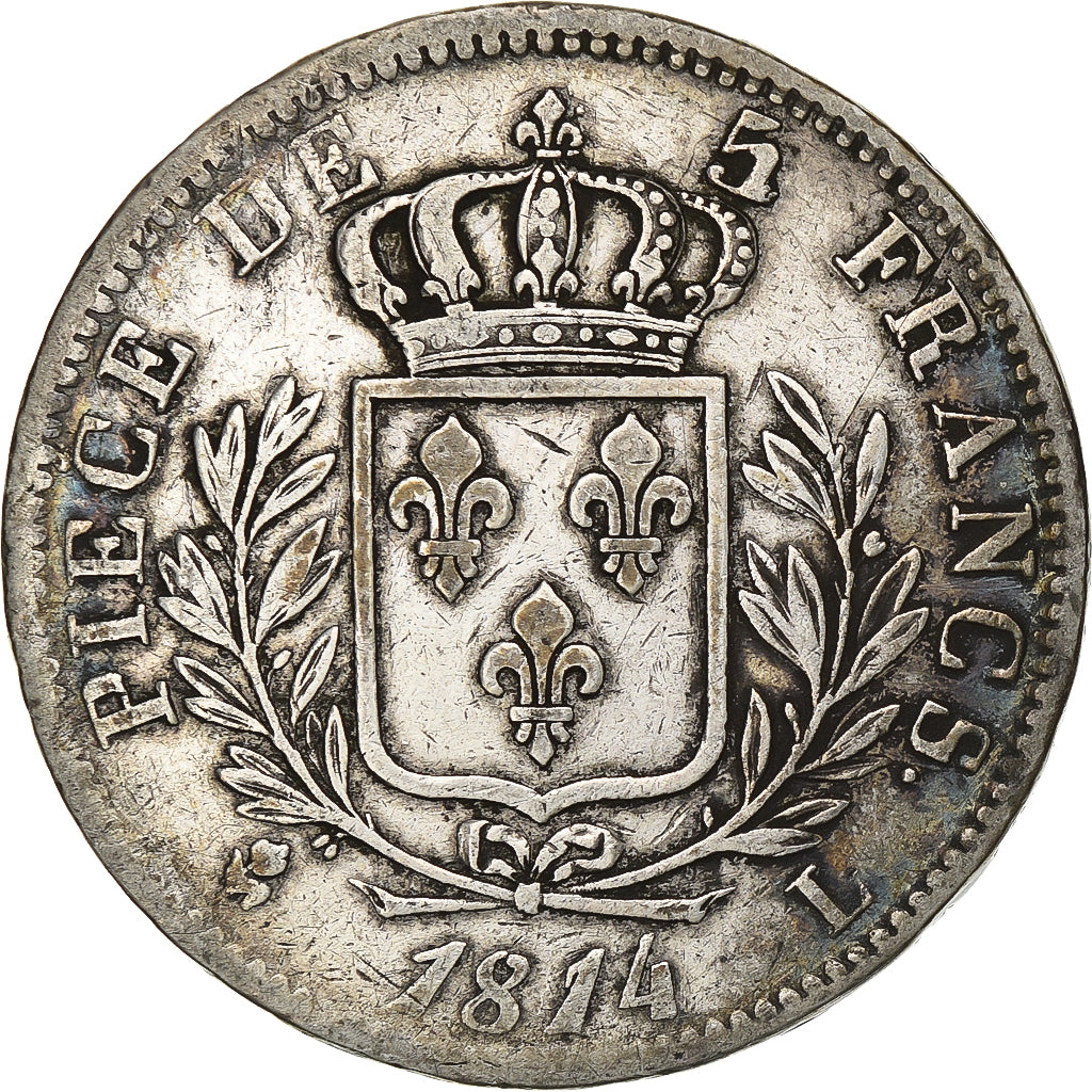 Francia, Louis XVIII, 5 Francs, 1814, Bayonne, MB+, Argento, KM 702.8