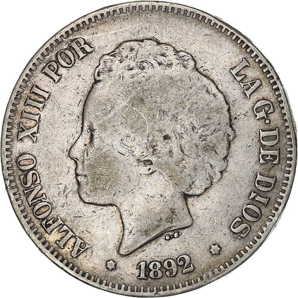 Münze, Spanien, Alfonso XIII, 5 Pesetas, 1892, Madrid, S+, Silber, KM:700