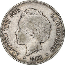 Münze, Spanien, Alfonso XIII, 5 Pesetas, 1892, Madrid, S+, Silber, KM:700