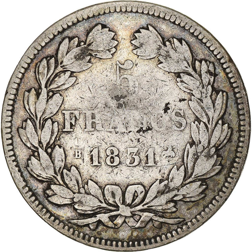 Moneda, Francia, Louis-Philippe, 5 Francs, 1831, Rouen, BC+, Plata, KM:745.2