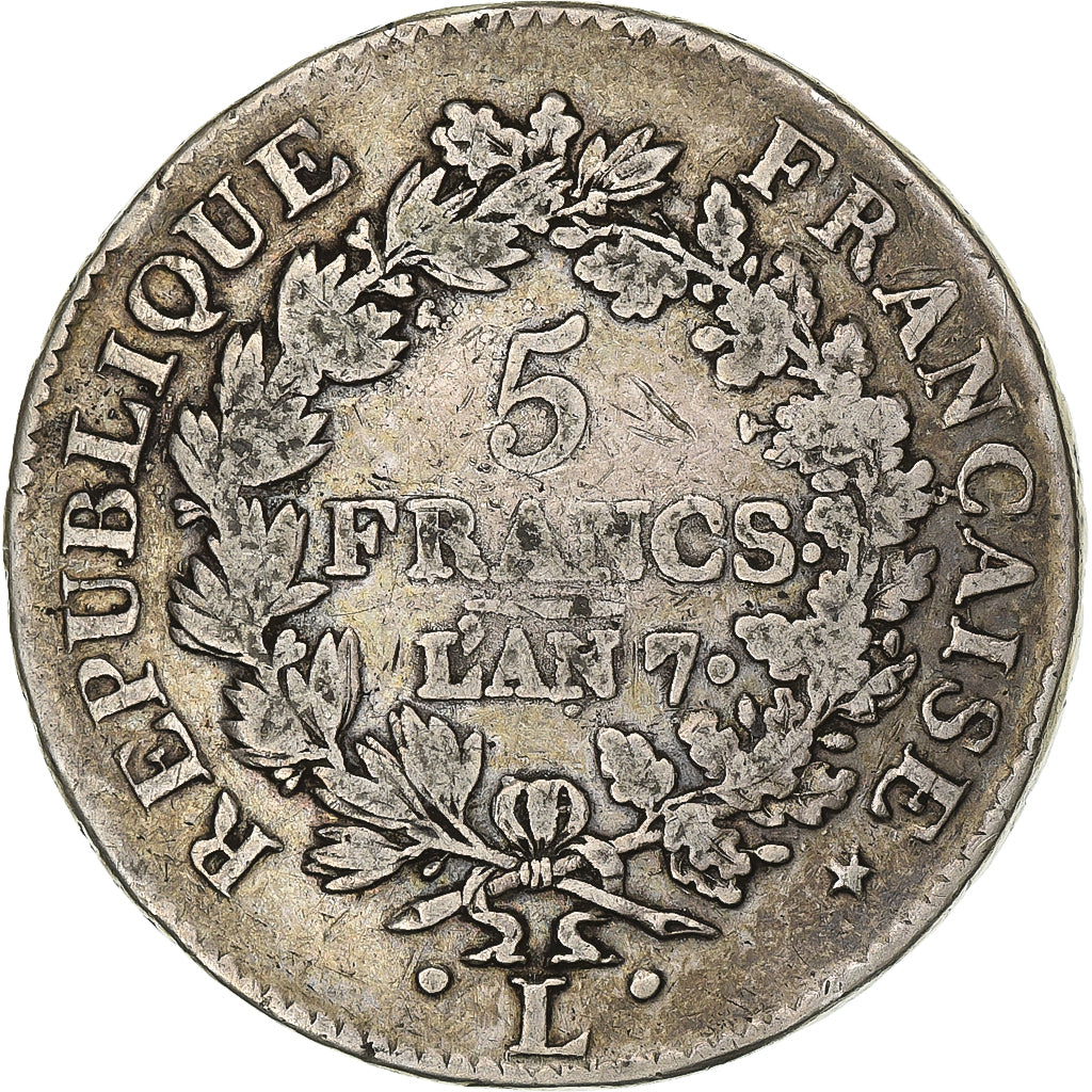 Monnaie, France, Union et Force, 5 Francs, AN 7, Bayonne, TB+, Argent