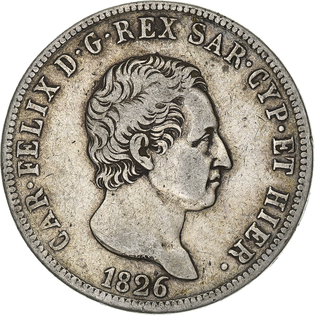 STATI ITALIANI, SARDINIA, Carlo Felice, 5 Lire, 1826, Torino, MB+, Argento, K...
