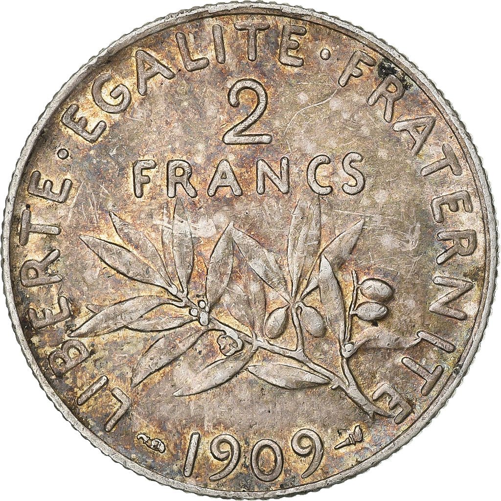 Moneda, Francia, Semeuse, 2 Francs, 1909, Paris, MBC+, Plata, KM:845.1