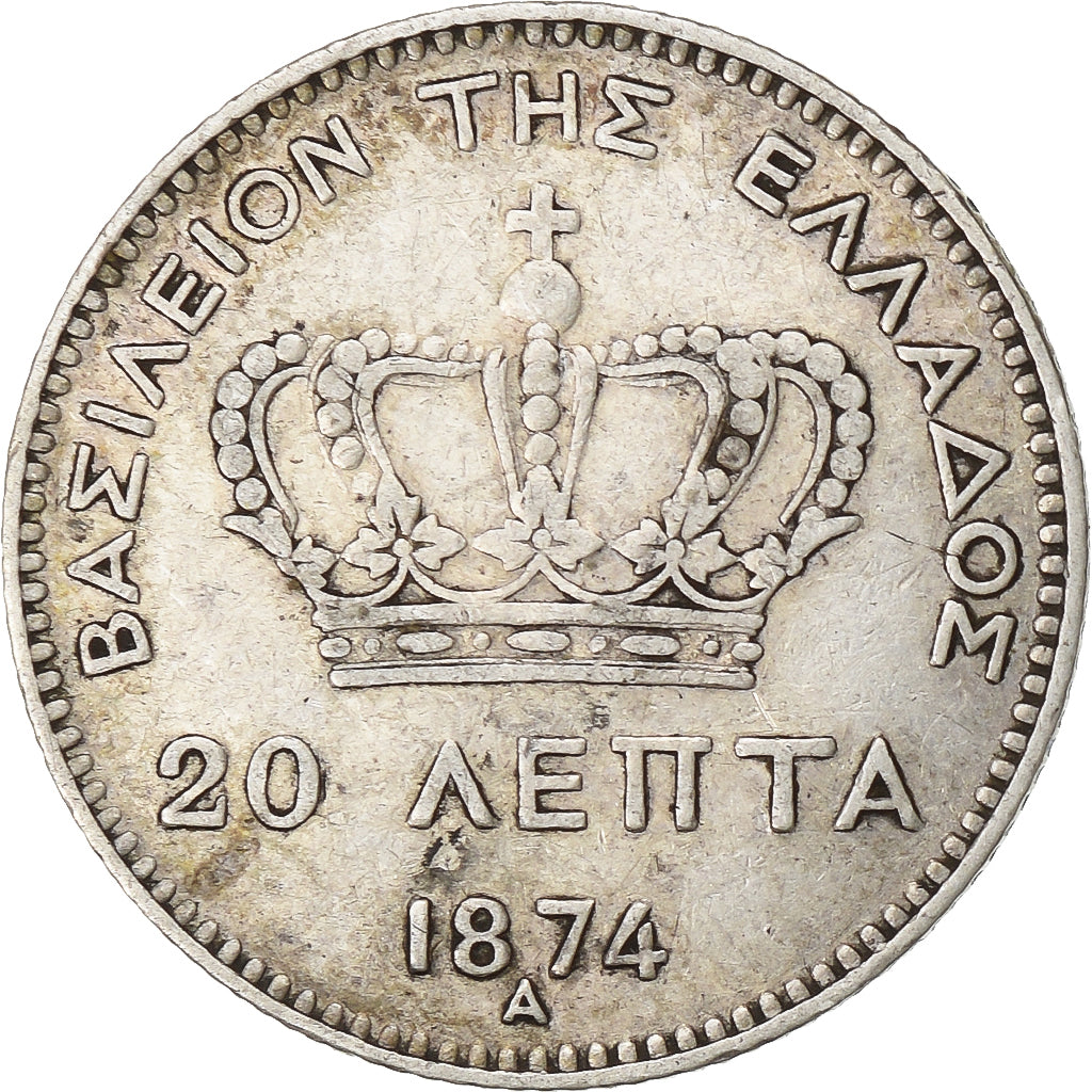 Moneta, Grecja, George I, 20 Lepta, 1874, Paris, VF(30-35), Srebro, KM:44